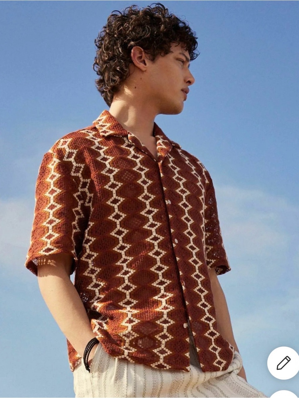 NEXT Rust Brown Geo-Pattern Short Sleeve Button Down Shirt - #130